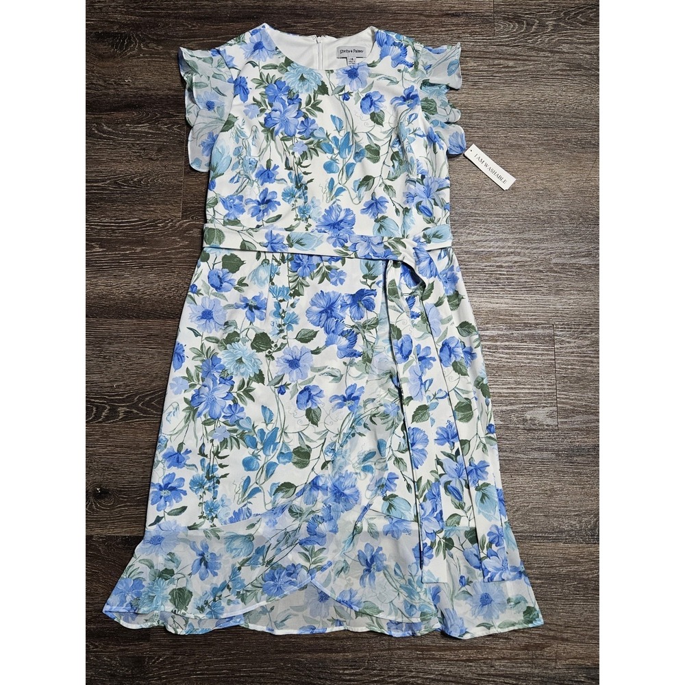 Shelby & Palmer Blue Floral Faux Wrap Ruffle Belted Sheath Dress - Picture 8 of 12